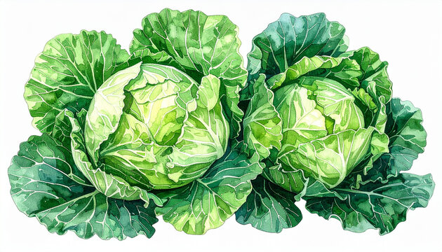 Fresh Green Cabbages with Bright Leaves and Head