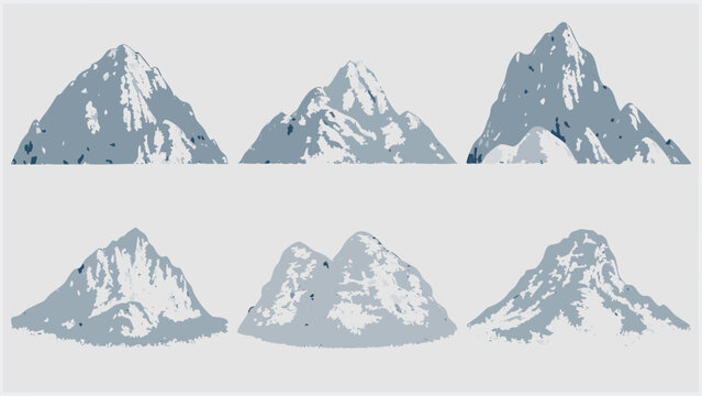 Six grey mountain illustrations with snow capped peaks a vector graphic on a light grey background alpine altitude