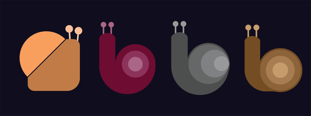 Modern minimalist snail icon collection featuring four unique flat vector designs in multiple color variations. Created with simple geometric shapes, clean lines, and rounded forms, these snail illust © sofian