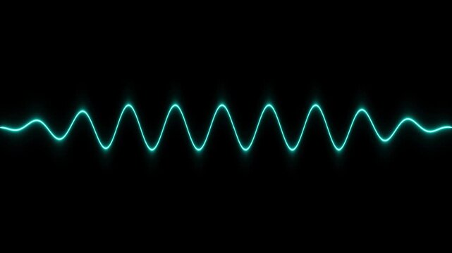 A single continuous glowing cyan neon sine wave centered horizontally against a deep black background representing audio frequency or data signal