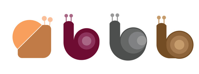Modern minimalist snail icon collection featuring four unique flat vector designs in multiple color variations. Created with simple geometric shapes, clean lines, and rounded forms, these snail illust © sofian