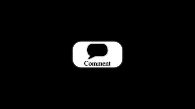 White rounded rectangular button with a black speech bubble and the word comment written below it centered on a solid black background