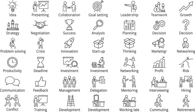 Business concepts and corporate management thin line icons vector set for success strategy marketing teamwork development planning leadership problem solving and human resources.