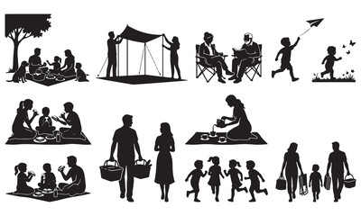 Assorted black silhouettes of families setting up tents, having picnics, children playing with kites and butterflies, and walking together on a white background