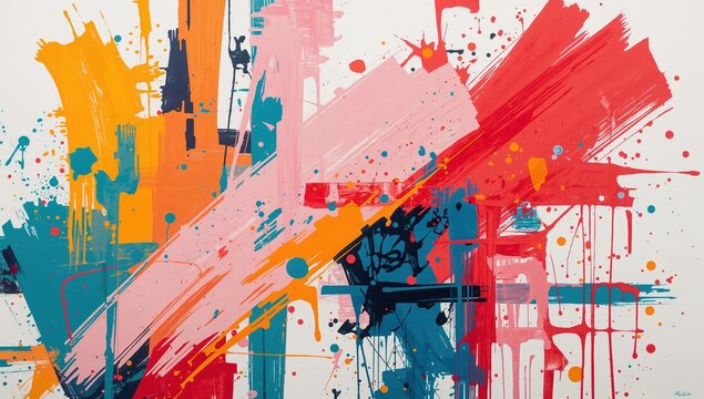 Vibrant abstract expressionism with bold colorful paint strokes and splatter on white canvas background