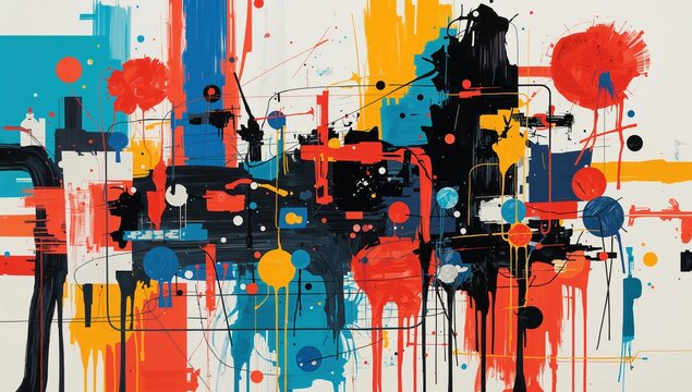 Vibrant abstract urban art with red, blue, yellow, and black paint splashes on white background, contemporary geometric expression