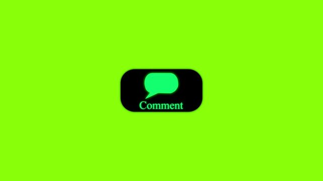 Black rounded rectangular button with a green speech bubble and the word comment written below it centered on a solid green background
