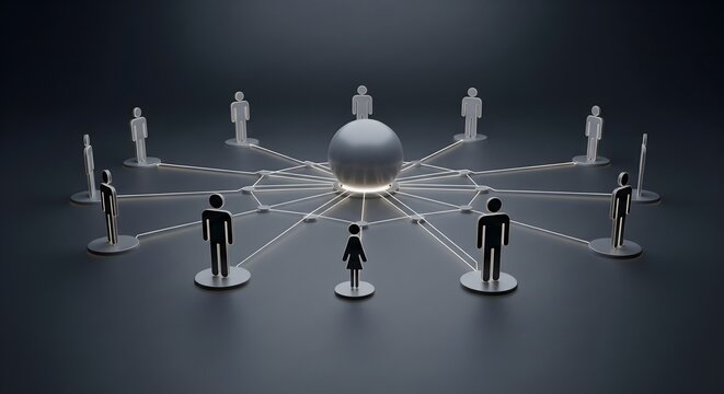 A conceptual 3D illustration of a central sphere connected to multiple human figures in a network structure.