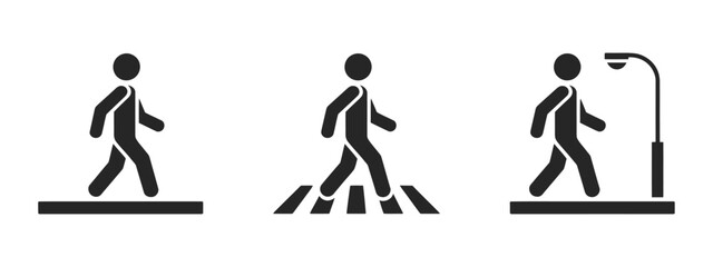 Pedestrian crossing icons, streetlight flat silhouette style, crosswalk safety symbols, road traffic signage, walking pedestrian crossing signs, editable vector illustration. ©   