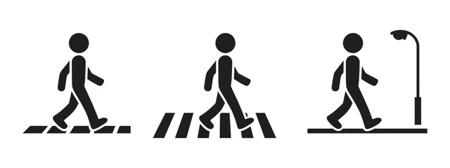 Pedestrian crossing icons, streetlight flat silhouette style, crosswalk safety symbols, road traffic signage, walking pedestrian crossing signs, editable vector illustration. ©   