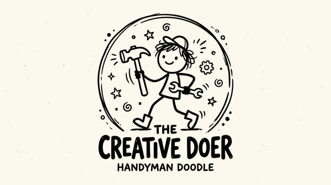 Whimsical black and white doodle logo featuring a happy stick figure handyman holding a hammer and wrench, surrounded by stars and gears, with "The Creative Doer" text.
