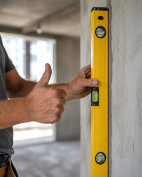 Close-up of a construction worker's hands using a yellow spirit level on a grey plastered wall, giving a thumbs up. Concept of quality home renovation, accurate measurement, and professional building.