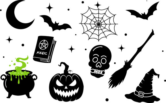 Halloween Silhouette Icons  Symbol Set with Witch Cauldron Pumpkin Bat Skull and Magic Elements