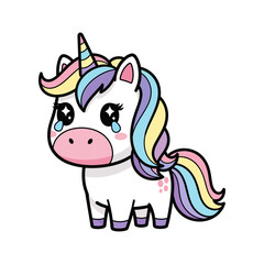 Fototapeta premium Sad Kawaii Unicorn Crying Tears - Cute Fantasy Mythical Creature Illustration