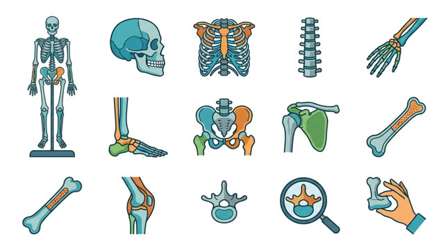 Collection of Human Anatomy Illustrations Showing Skeletal System Parts.