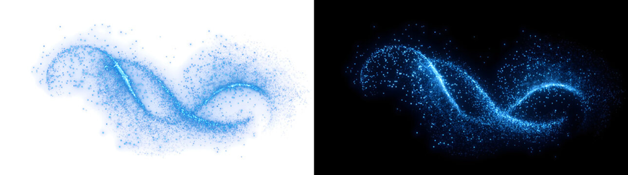 Blue glitter swirling into a spiraling wave of glowing dust particles on a black background with PNG, Transparent and Black Background Versions