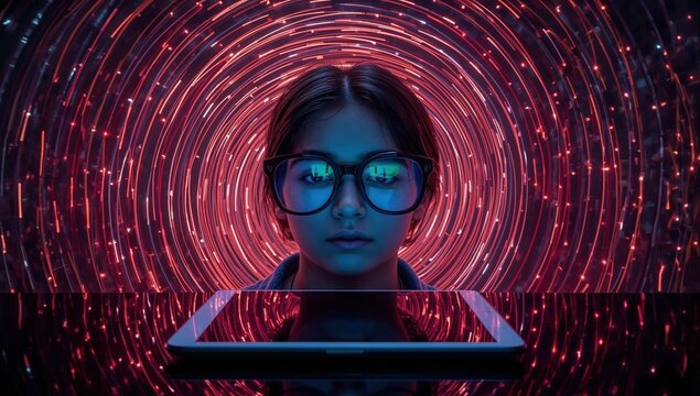Young girl with glasses gazing at tablet in front of futuristic neon light swirls, digital technology and innovation concept