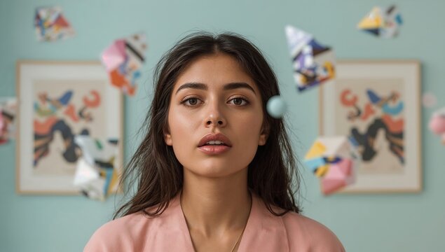 Confident woman in pink blazer surrounded by floating geometric shapes and abstract art on pastel background