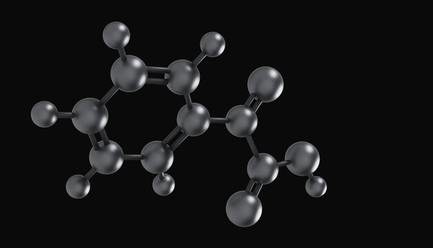 Phenylglyoxylic acid PGA molecule. Benzoylformic acid, keto acid, styrene exposure biomarker and human xenobiotic metabolite. Molecular model. 3D render