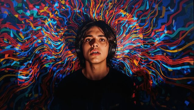 Young man wearing headphones immersed in music with vibrant abstract wave patterns and colorful psychedelic background