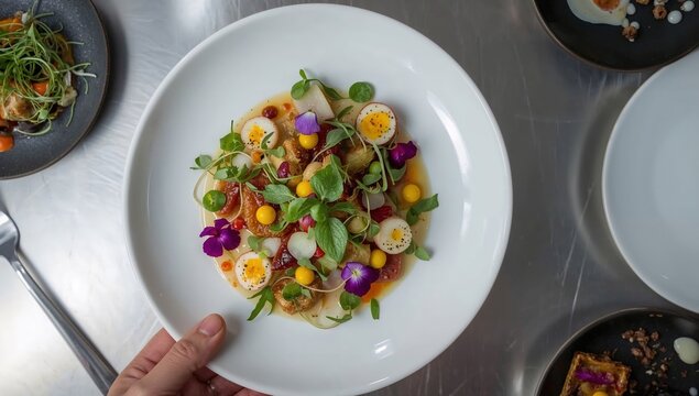 Gourmet fine dining plate with microgreens, quail eggs, edible flowers, and colorful vegetables on white ceramic dish