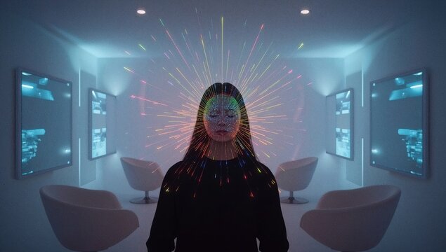 Woman with digital neon face scan and data visualization effects in futuristic hightech control room environment