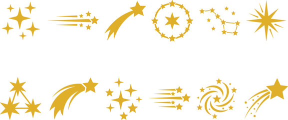Golden star sparkle silhouette vector icon set featuring shooting stars, celestial constellations, magic bursts, and astronomical night sky symbols. © AFSANA AKTER