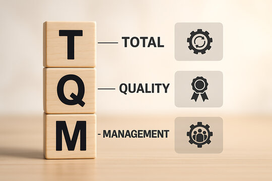 Wooden cubes spelling tqm with gear and ribbon icons business concept blocks