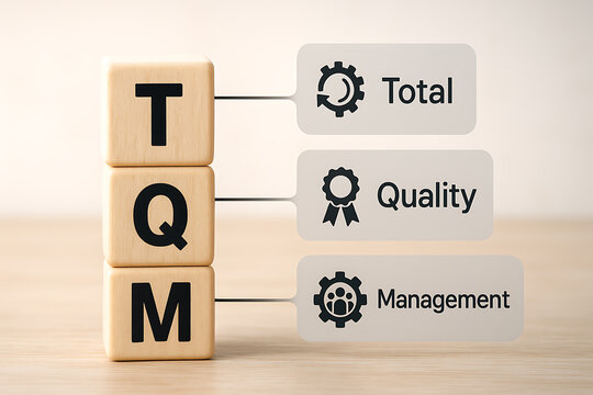 Wooden cubes spelling tqm with illustrated icons representing total quality management blocks