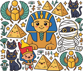 Fototapeta premium Cute Ancient Egypt Collection with Kawaii Pharaoh, Mummy, Pyramids, Scarab Beetles, Bastet Cats, and Egyptian Symbols Vector Illustration Set