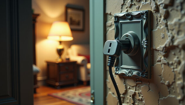 electrical outlet with plugged cord in cozy living room setting highlighting home comfort and usability