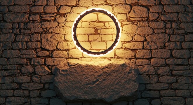 Glowing circle on stone wall background.