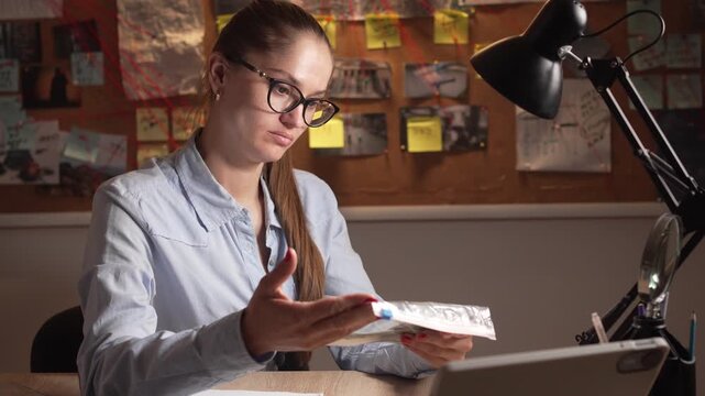Private female detective investigator examining clues in dark agency office at night