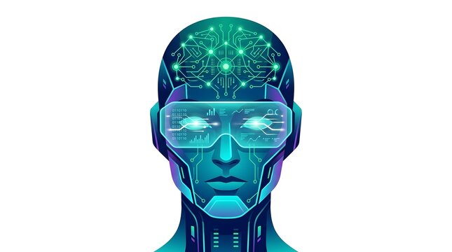 Futuristic cyborg head with glowing digital neural network brain and virtual reality visor isolated on white background.