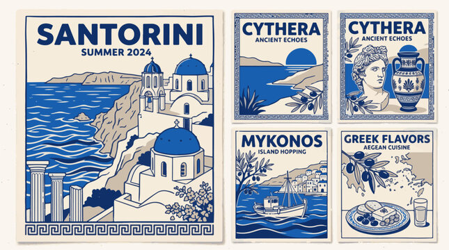 Greek Island Travel Poster and Stamp Set - Santorini, Mykonos, and Aegean Aesthetics