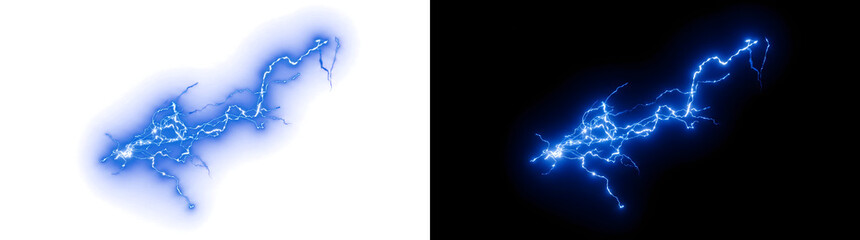 Blue lightning bolt striking diagonally with crackling branches and intense electric sparks on a black background for powerful science with PNG, Transparent and Black Background Versions structured © Crafter