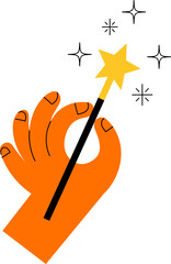 Obraz premium Whimsical drawing of hand holding a magic wand. Playful doodle icon for back to school, education, learning and creative writing designs. 