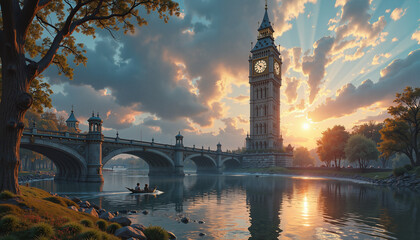 Obraz premium serene sunset over iconic clock tower reflecting on calm river, with rowing boat passing by, concept travel and tourism