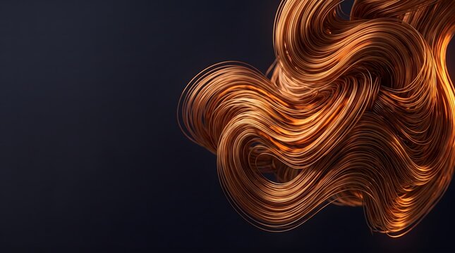 Abstract backdrop with glowing loops of metallic copper and gold wire filament structures on a dark background