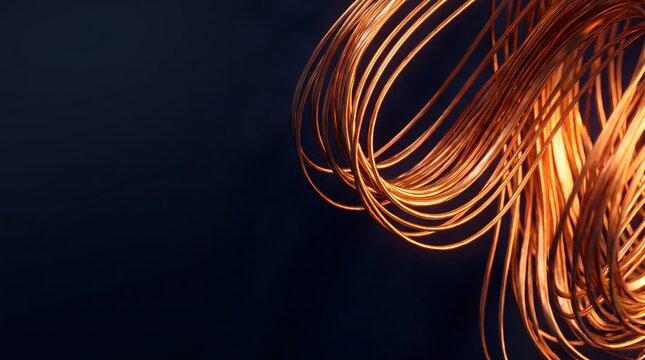 Abstract backdrop with glowing loops of metallic copper and gold wire filament structures on a dark background