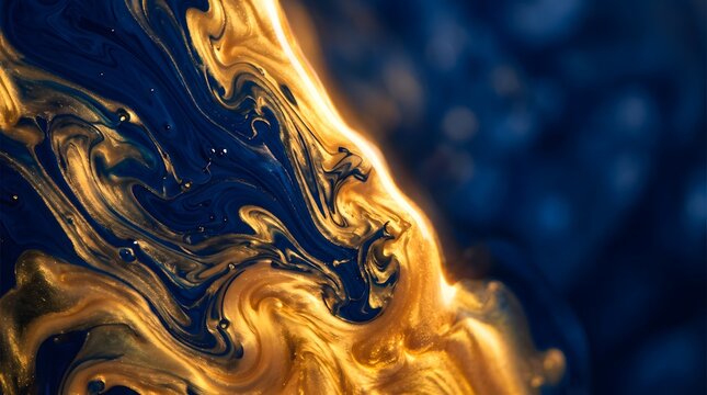 Abstract fluid background with dynamic swirling patterns of metallic liquid gold and dark blue ink