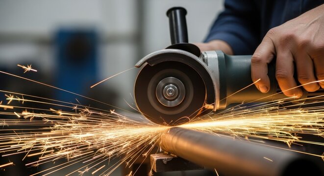 Close-up of a worker grinding metal pipe, creating a shower of bright sparks with an angle grinder tool in a workshop setting.
