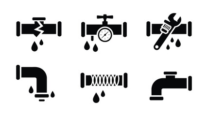 Fototapeta premium Plumbing pipe repair icon set, broken pipes, water leaks, wrench maintenance, repaired plumbing system, pipe fixing solutions, editable vector illustration.