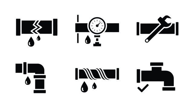 Plumbing pipe repair icon set, broken pipes, water leaks, wrench maintenance, repaired plumbing system, pipe fixing solutions, editable vector illustration.