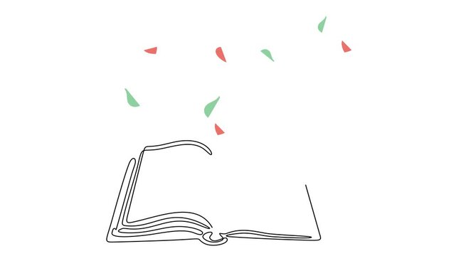 Animated self drawing of continuous line draw of open book with hearts shape for love of reading.  Full length one line animation. 4K