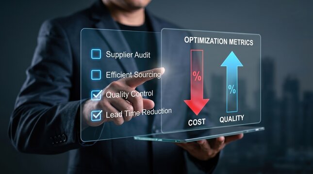 Businessman selecting optimization metrics on transparent screen, reducing cost and increasing quality, supply chain management and efficient sourcing strategy concept