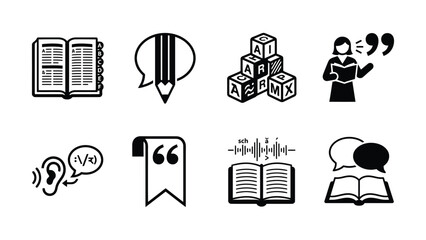 Set of educational and communication icons featuring books speech and language symbols © Fabuji