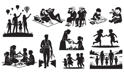 Black silhouette set of family outdoor activities, watching hot air balloons, picnic, playing, and walking on a white background, isolated collection