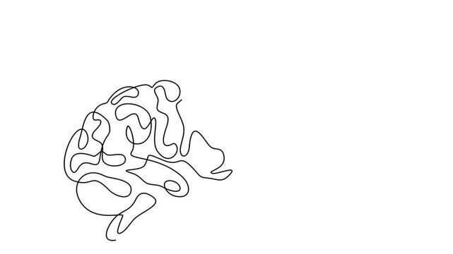 Animated self drawing of continuous line draw of Human brain and cogwheel gear icon sign, Full length one line animation. 4K