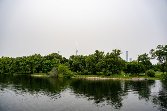 View of CN Tower beyond Toronto Islands park.